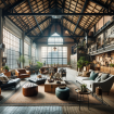 DALL·E 2024-01-05 20.05.59 – Loft style living room with high ceilings and exposed beams, featuring a mix of modern and rustic elements, large windows, and a comfortable seating a