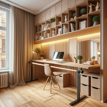 DALL·E 2024-01-05 20.57.30 – A multifunctional home office in a small apartment, with a desk that transforms into a ballet barre and storage units doubling as a dance mirror wall