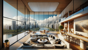 DALL·E 2024-01-05 21.05.01 – Modern apartment in Brazil with large windows offering a 360-degree panoramic view of the cityscape, featuring contemporary interior design and ample