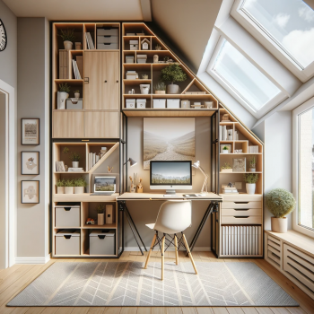 DALL·E 2024-01-05 22.01.43 – Creative and functional home office area in a small apartment with high ceilings, incorporating a foldable desk and shelving units that optimize the v