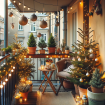 DALL·E 2024-01-05 22.38.30 – Cozy balcony in a small apartment, decorated with string lights, small potted Christmas trees, and festive ornaments, creating a charming outdoor holi