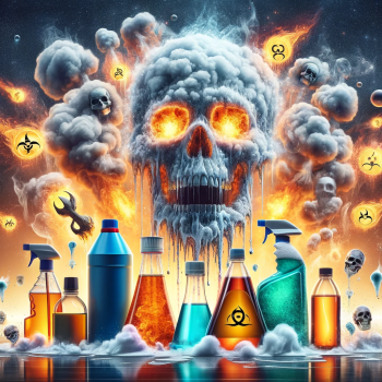 DALL·E 2024-01-06 00.13.32 – Image of a hazardous chemical reaction caused by mixing different cleaning products, illustrating the dangers such as toxic fumes or corrosive substan