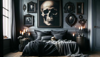 DALL·E 2024-01-06 03.27.50 – A bedroom featuring a gothic wall decor with a large skull painting, surrounded by candles and dark, vintage frames, exuding an edgy and sophisticated