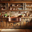 DALL·E 2024-01-06 04.44.20 – A rustic-style kitchen featuring a large undermount copper sink, blending beautifully with the wooden cabinetry and adding a warm, vintage touch to th