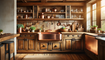 DALL·E 2024-01-06 04.44.20 – A rustic-style kitchen featuring a large undermount copper sink, blending beautifully with the wooden cabinetry and adding a warm, vintage touch to th