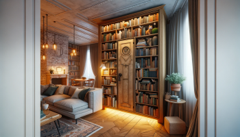 DALL·E 2024-01-06 06.40.11 – A cozy room featuring a bookshelf with a magical concept of a hidden space behind it. The bookshelf, filled with a variety of books, has a section tha